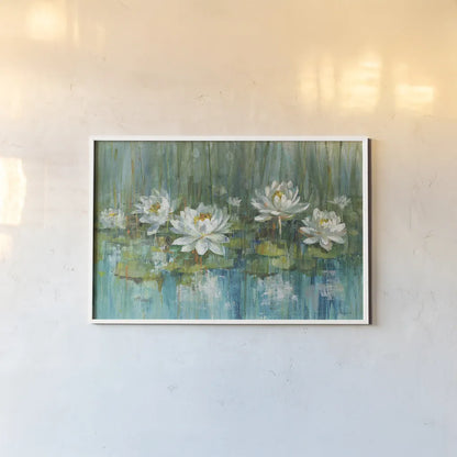 Water Lily Pond v2 Crop by Danhui Nai. shown as a paper print in a white frame. Available as a archival giclee rolled canvas, fine art paper, or poster print. SKU 29069i.