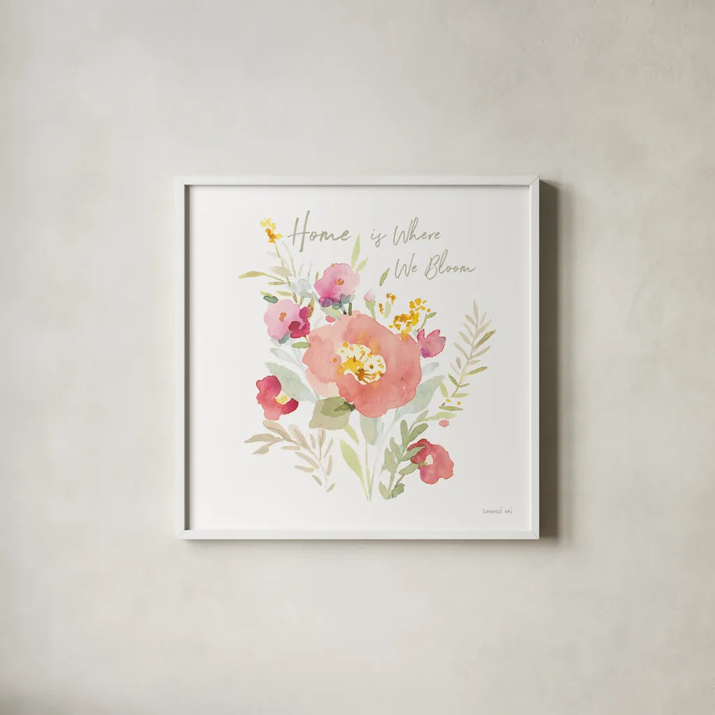 Watercolor Jewels III by Danhui Nai. Shown in a crisp white glass frame for a clean and minimalist style. Available as an archival giclee rolled canvas, fine art paper, or poster print. SKU 64438a.