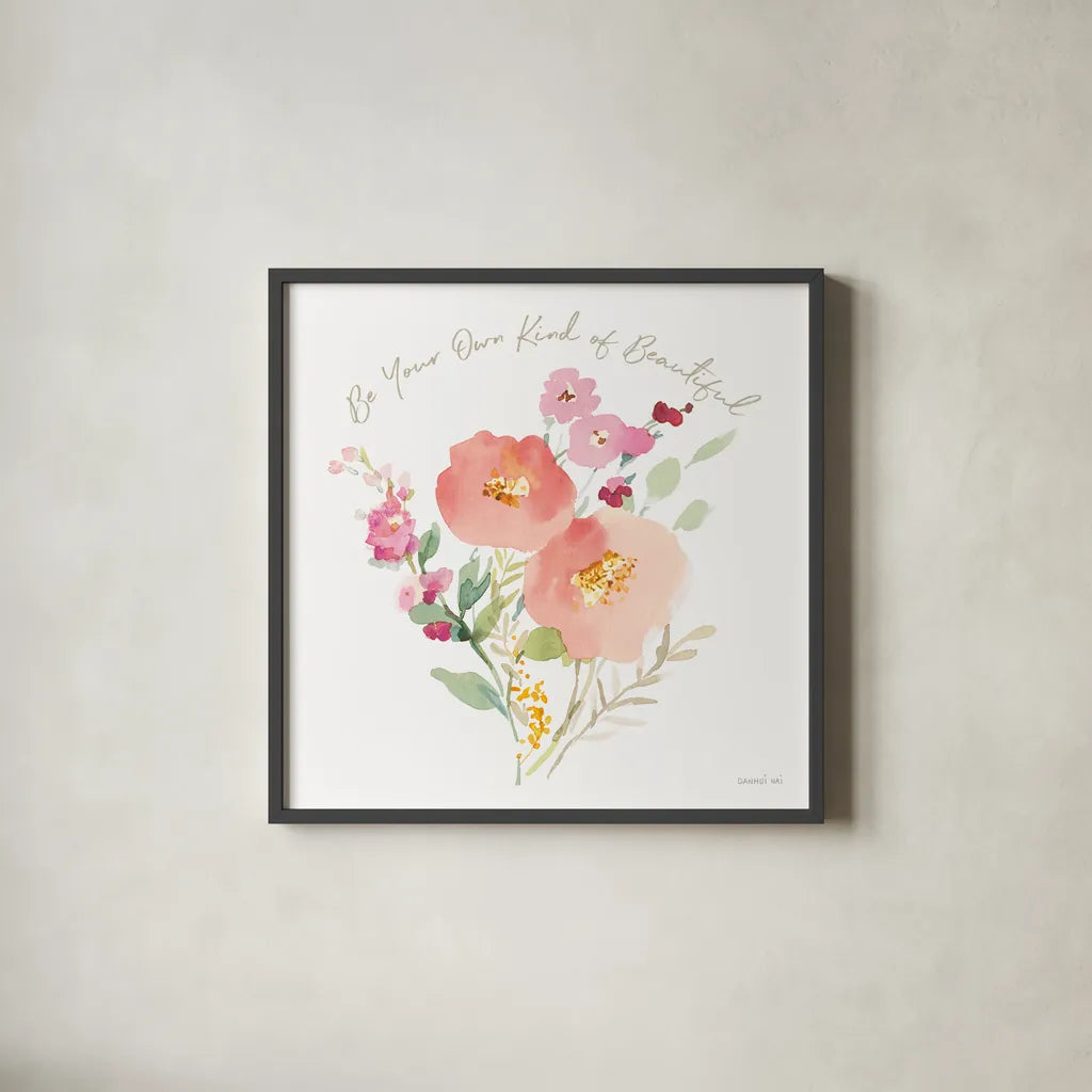 Watercolor Jewels IV by Danhui Nai. Shown in a sleek black glass frame for a contemporary gallery look. Available as an archival giclee rolled canvas, fine art paper, or poster print. SKU 64439a.