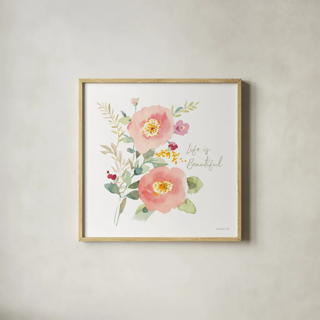 Watercolor Jewels V by Danhui Nai. Shown in a natural wood glass frame for a timeless modern aesthetic. Available as an archival giclee rolled canvas, fine art paper, or poster print. SKU 64440a.