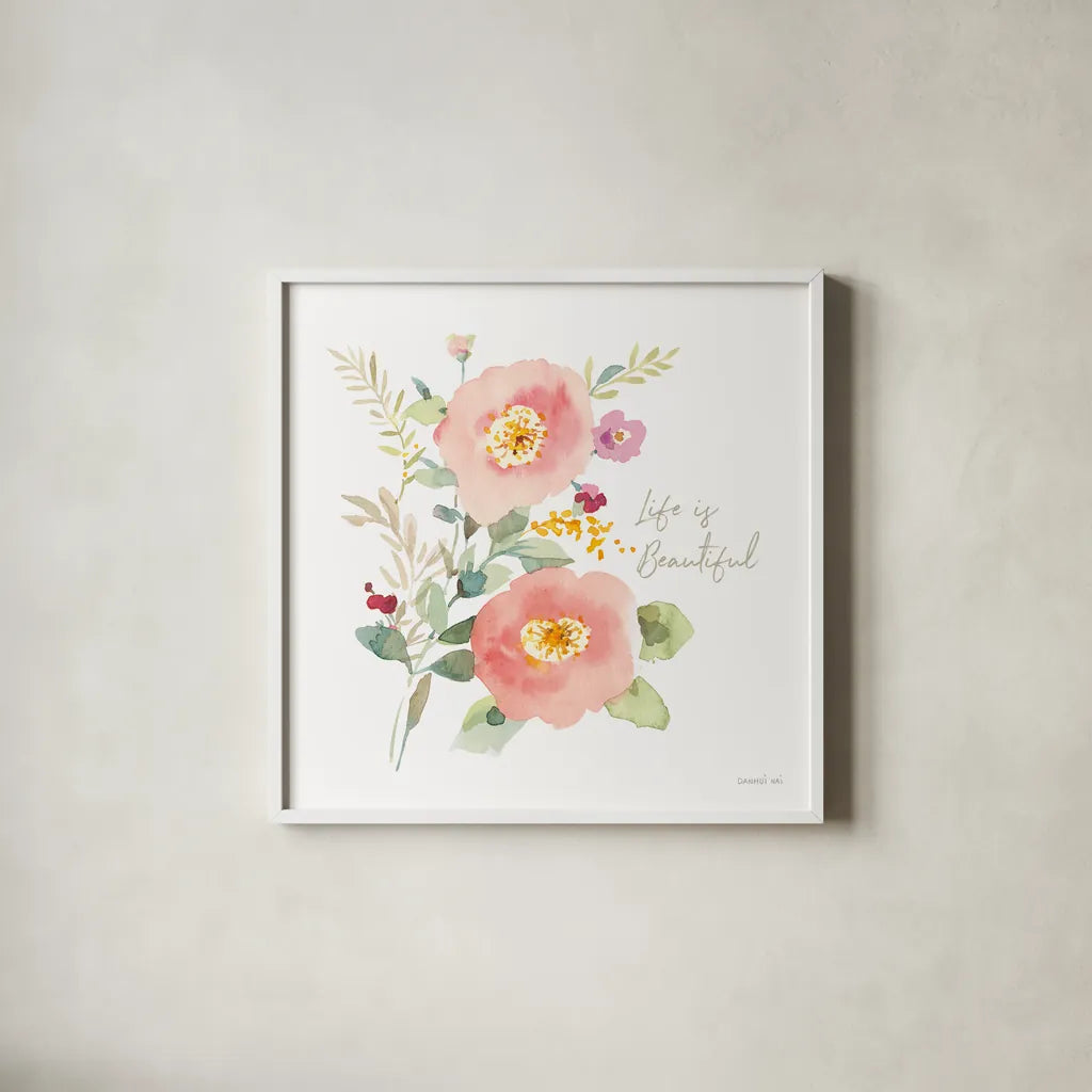 Watercolor Jewels V by Danhui Nai. Shown in a crisp white glass frame for a clean and minimalist style. Available as an archival giclee rolled canvas, fine art paper, or poster print. SKU 64440a.
