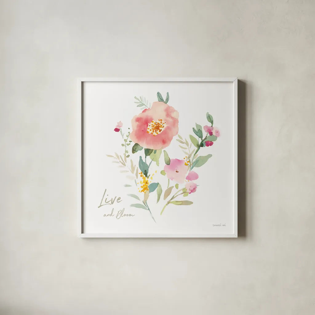 Watercolor Jewels VI by Danhui Nai. Shown in a crisp white glass frame for a clean and minimalist style. Available as an archival giclee rolled canvas, fine art paper, or poster print. SKU 64441a.