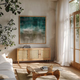 Wave Tapestry by Danhui Nai. Shown in a natural wood frame in a cozy modern living room. Available as an archival giclee rolled canvas, fine art paper, or poster print. SKU 99345a.