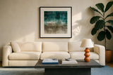 Wave Tapestry by Danhui Nai. Displayed in a glass frame with matte in a clean modern living room. Available as an archival giclee rolled canvas, fine art paper, or poster print. SKU 99345a.