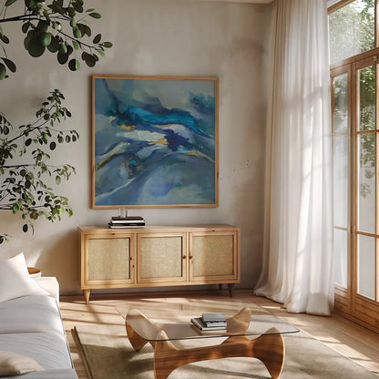 Waves of Color by Danhui Nai. Shown in a natural wood frame in a cozy modern living room. Available as an archival giclee rolled canvas, fine art paper, or poster print. SKU 73803a.