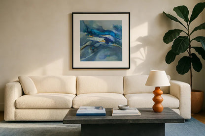 Waves of Color by Danhui Nai. Displayed in a glass frame with matte in a clean modern living room. Available as an archival giclee rolled canvas, fine art paper, or poster print. SKU 73803a.