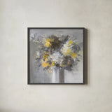 Weekend Bouquet Yellow Gray by Danhui Nai. Shown in a sleek black glass frame for a contemporary gallery look. Available as an archival giclee rolled canvas, fine art paper, or poster print. SKU 68684a.