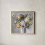Weekend Bouquet Yellow Gray by Danhui Nai. Shown in a natural wood glass frame for a timeless modern aesthetic. Available as an archival giclee rolled canvas, fine art paper, or poster print. SKU 68684a.