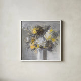 Weekend Bouquet Yellow Gray by Danhui Nai. Shown in a crisp white glass frame for a clean and minimalist style. Available as an archival giclee rolled canvas, fine art paper, or poster print. SKU 68684a.