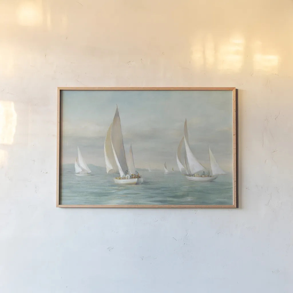Weekend Sail v2 by Danhui Nai. shown as a paper print in a natural frame. Available as a archival giclee rolled canvas, fine art paper, or poster print. SKU 80619i.