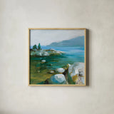 Western Lake I by Danhui Nai. Shown in a natural wood glass frame for a timeless modern aesthetic. Available as an archival giclee rolled canvas, fine art paper, or poster print. SKU 81368a.