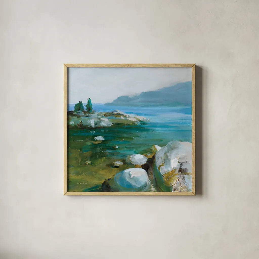 Western Lake I by Danhui Nai. Shown in a natural wood glass frame for a timeless modern aesthetic. Available as an archival giclee rolled canvas, fine art paper, or poster print. SKU 81368a.