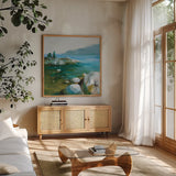 Western Lake I by Danhui Nai. Shown in a natural wood frame in a cozy modern living room. Available as an archival giclee rolled canvas, fine art paper, or poster print. SKU 81368a.
