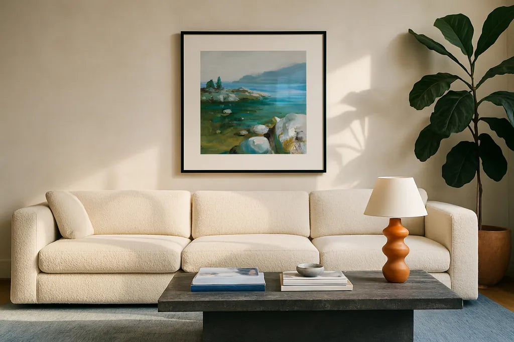 Western Lake I by Danhui Nai. Displayed in a glass frame with matte in a clean modern living room. Available as an archival giclee rolled canvas, fine art paper, or poster print. SKU 81368a.