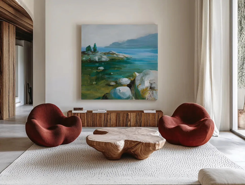 Western Lake I by Danhui Nai. Shown as extra-large giant wall art in a modern living room. Available as an archival giclee rolled canvas, fine art paper, or poster print. SKU 81368a.