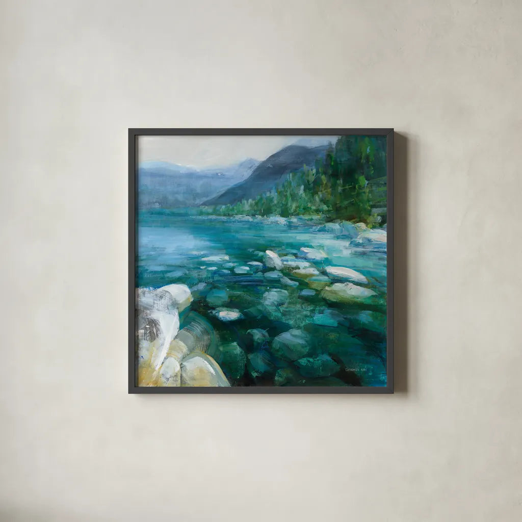 Western Lake II by Danhui Nai. Shown in a sleek black glass frame for a contemporary gallery look. Available as an archival giclee rolled canvas, fine art paper, or poster print. SKU 81369a.
