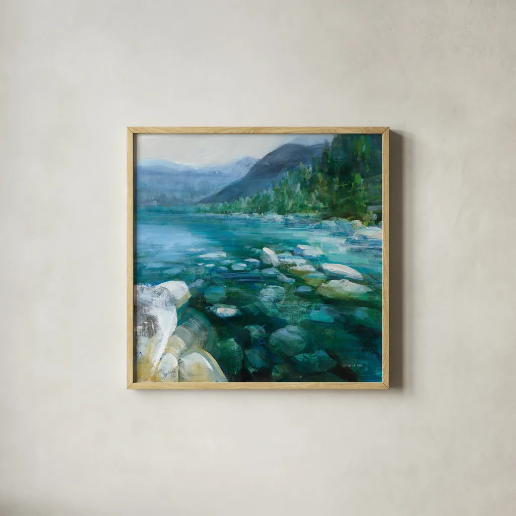 Western Lake II by Danhui Nai. Shown in a natural wood glass frame for a timeless modern aesthetic. Available as an archival giclee rolled canvas, fine art paper, or poster print. SKU 81369a.