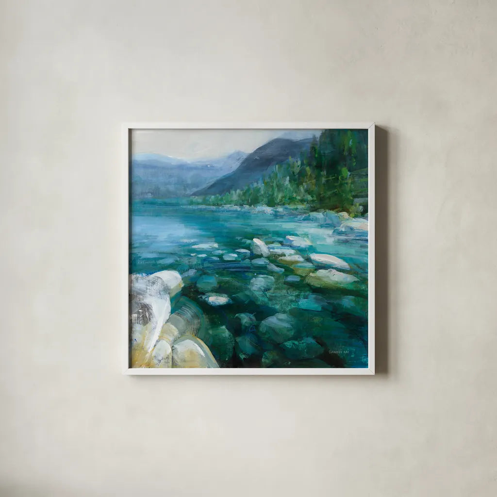 Western Lake II by Danhui Nai. Shown in a crisp white glass frame for a clean and minimalist style. Available as an archival giclee rolled canvas, fine art paper, or poster print. SKU 81369a.
