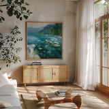 Western Lake II by Danhui Nai. Shown in a natural wood frame in a cozy modern living room. Available as an archival giclee rolled canvas, fine art paper, or poster print. SKU 81369a.