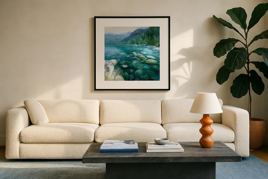 Western Lake II by Danhui Nai. Displayed in a glass frame with matte in a clean modern living room. Available as an archival giclee rolled canvas, fine art paper, or poster print. SKU 81369a.