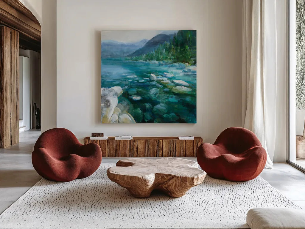 Western Lake II by Danhui Nai. Shown as extra-large giant wall art in a modern living room. Available as an archival giclee rolled canvas, fine art paper, or poster print. SKU 81369a.