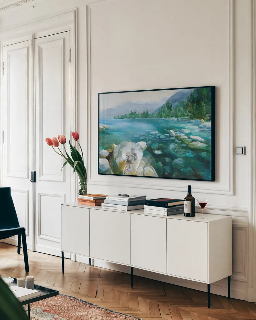 Western Lake IV by Danhui Nai. shown as a framed stretched canvas in a living room above a console. Available as a archival giclee rolled canvas, fine art paper, or poster print. SKU 81860i.