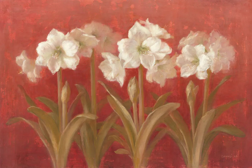 White Amaryllis on Red by Danhui Nai. SKU 5244i. Archival Giclee Fine art print for wall decor.