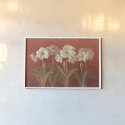 White Amaryllis on Red by Danhui Nai. shown as a paper print in a white frame. Available as a archival giclee rolled canvas, fine art paper, or poster print. SKU 5244i.