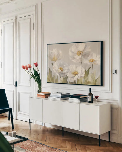 White Anemones by Danhui Nai. shown as a framed stretched canvas in a living room above a console. Available as a archival giclee rolled canvas, fine art paper, or poster print. SKU 66875i.
