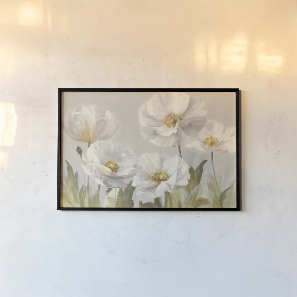 White Anemones by Danhui Nai. shown as a paper print in a black flame. Available as a archival giclee rolled canvas, fine art paper, or poster print. SKU 66875i.