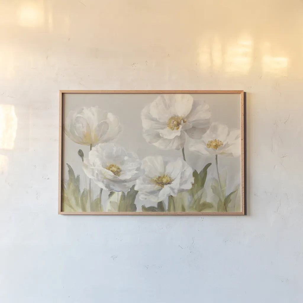 White Anemones by Danhui Nai. shown as a paper print in a natural frame. Available as a archival giclee rolled canvas, fine art paper, or poster print. SKU 66875i.