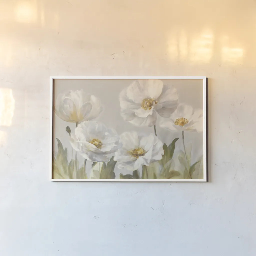 White Anemones by Danhui Nai. shown as a paper print in a white frame. Available as a archival giclee rolled canvas, fine art paper, or poster print. SKU 66875i.