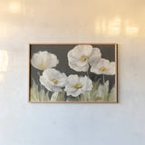 White Anemones on Black by Danhui Nai. shown as a paper print in a natural frame. Available as a archival giclee rolled canvas, fine art paper, or poster print. SKU 68764i.
