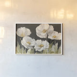 White Anemones on Black by Danhui Nai. shown as a paper print in a white frame. Available as a archival giclee rolled canvas, fine art paper, or poster print. SKU 68764i.