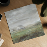 White Barn Fields by Danhui Nai. Shown as a detailed flat fine art print, highlighting archival giclee quality. Available as an archival giclee rolled canvas, fine art paper, or poster print. SKU 83135a.
