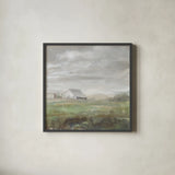White Barn Fields by Danhui Nai. Shown in a sleek black glass frame for a contemporary gallery look. Available as an archival giclee rolled canvas, fine art paper, or poster print. SKU 83135a.
