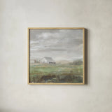 White Barn Fields by Danhui Nai. Shown in a natural wood glass frame for a timeless modern aesthetic. Available as an archival giclee rolled canvas, fine art paper, or poster print. SKU 83135a.