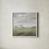 White Barn Fields by Danhui Nai. Shown in a crisp white glass frame for a clean and minimalist style. Available as an archival giclee rolled canvas, fine art paper, or poster print. SKU 83135a.