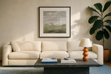 White Barn Fields by Danhui Nai. Displayed in a glass frame with matte in a clean modern living room. Available as an archival giclee rolled canvas, fine art paper, or poster print. SKU 83135a.