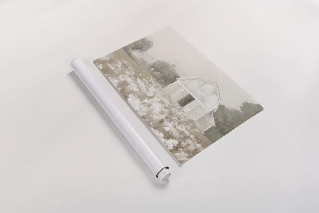 White Barn Meadow Neutral Crop by Danhui Nai. shown as a rolled paper print. Available as archival giclee rolled canvas, fine art paper, or poster print. SKU 77176i.