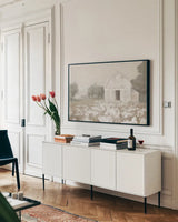 White Barn Meadow Neutral Crop by Danhui Nai. shown as a framed stretched canvas in a living room above a console. Available as a archival giclee rolled canvas, fine art paper, or poster print. SKU 77176i.