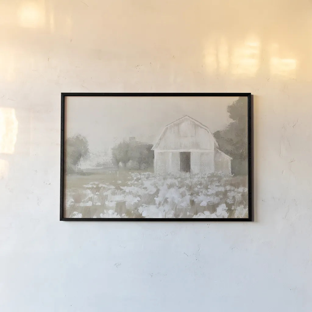 White Barn Meadow Neutral Crop by Danhui Nai. shown as a paper print in a black flame. Available as a archival giclee rolled canvas, fine art paper, or poster print. SKU 77176i.