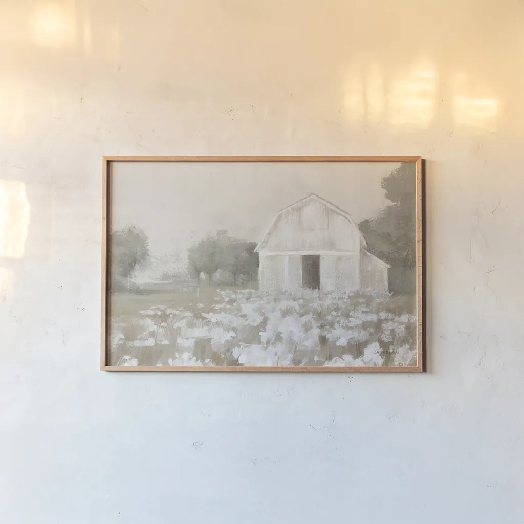 White Barn Meadow Neutral Crop by Danhui Nai. shown as a paper print in a natural frame. Available as a archival giclee rolled canvas, fine art paper, or poster print. SKU 77176i.