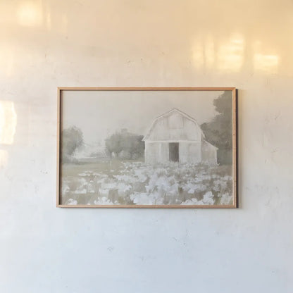 White Barn Meadow Neutral Crop by Danhui Nai. shown as a paper print in a natural frame. Available as a archival giclee rolled canvas, fine art paper, or poster print. SKU 77176i.