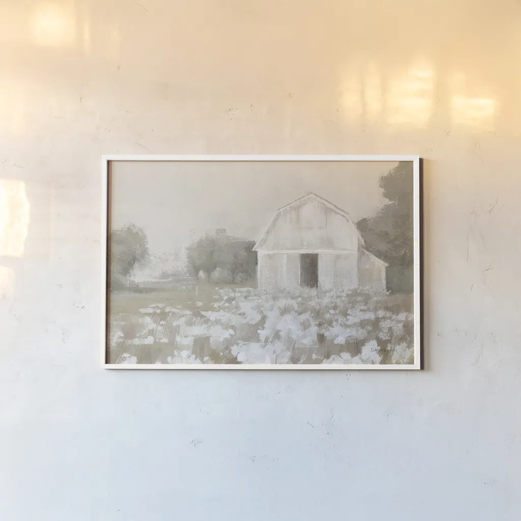 White Barn Meadow Neutral Crop by Danhui Nai. shown as a paper print in a white frame. Available as a archival giclee rolled canvas, fine art paper, or poster print. SKU 77176i.
