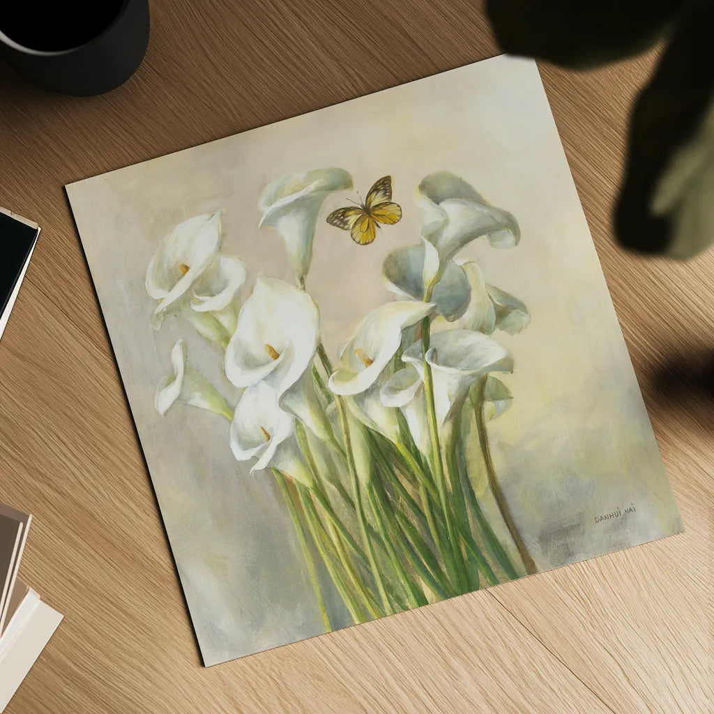 White Calla Lilies by Danhui Nai. Shown as a detailed flat fine art print, highlighting archival giclee quality. Available as an archival giclee rolled canvas, fine art paper, or poster print. SKU 93198a.