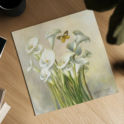 White Calla Lilies by Danhui Nai. Shown as a detailed flat fine art print, highlighting archival giclee quality. Available as an archival giclee rolled canvas, fine art paper, or poster print. SKU 93198a.