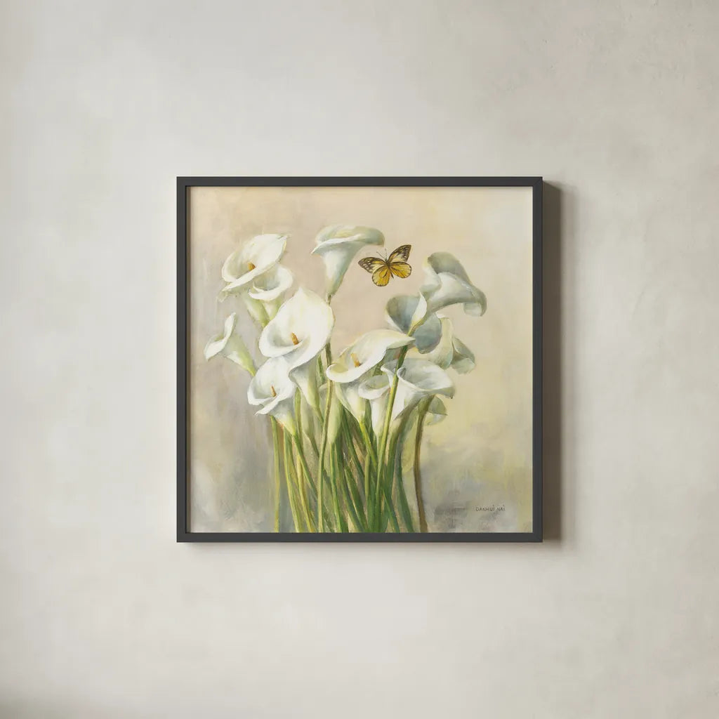 White Calla Lilies by Danhui Nai. Shown in a sleek black glass frame for a contemporary gallery look. Available as an archival giclee rolled canvas, fine art paper, or poster print. SKU 93198a.