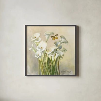 White Calla Lilies by Danhui Nai. Shown in a sleek black glass frame for a contemporary gallery look. Available as an archival giclee rolled canvas, fine art paper, or poster print. SKU 93198a.