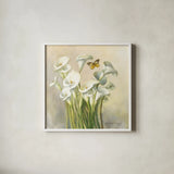 White Calla Lilies by Danhui Nai. Shown in a crisp white glass frame for a clean and minimalist style. Available as an archival giclee rolled canvas, fine art paper, or poster print. SKU 93198a.